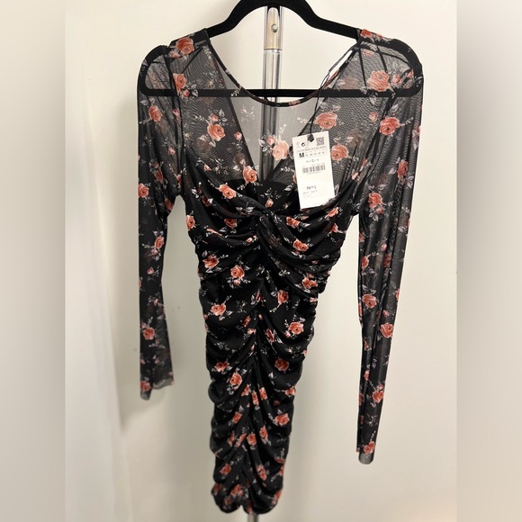 Zara Ruched Floral Long Sleeve Dress, Size M - Picture 2 of 2
